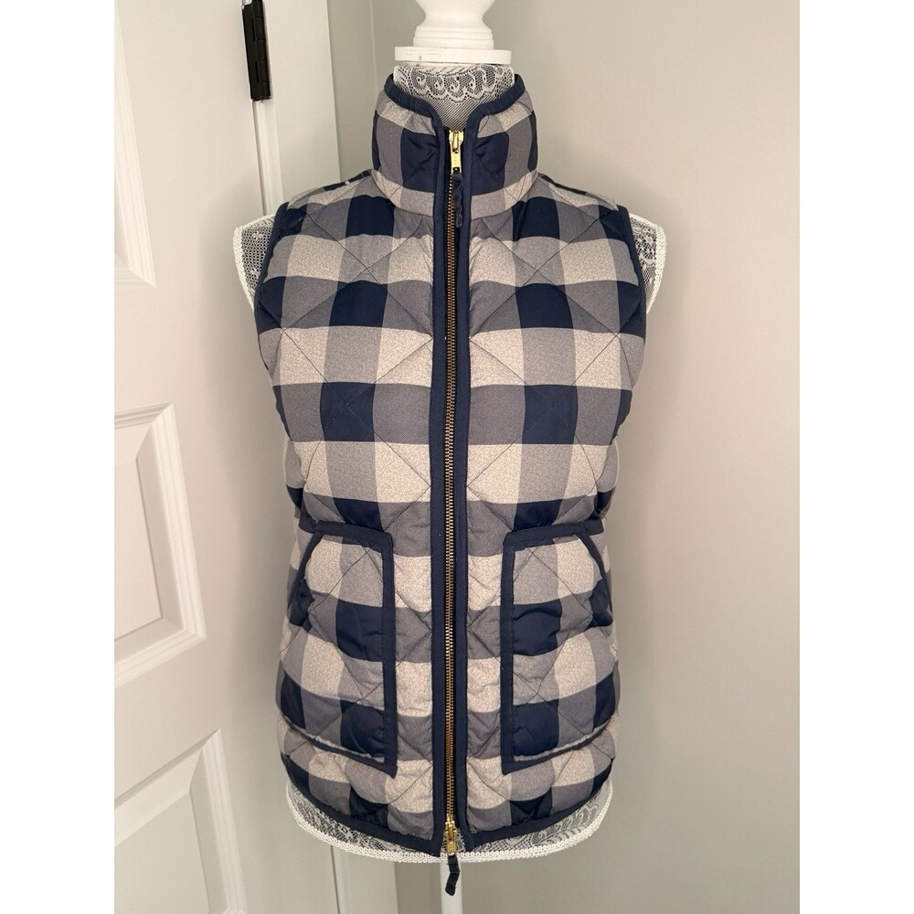 J Crew Women's Puffer Vest Size XXS Down Fill Full Zip Blue Gingham Quilted